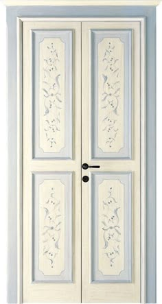 the door is painted white and has floral designs on it