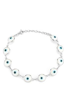 This on-trend evil eye bracelet is crafted from timeless sterling silver that's sure to add the perfect finishing touch to your ensemble. 6" length with 1" extension Spring ring clasp Sterling silver or sterling silver with 14K yellow gold plating/enamel Imported Jewelry Evil Eye, Bracelet In Silver, Eye Bracelet, Evil Eye Bracelet, Keep Jewelry, Silver Enamel, Spring Rings, Womens Jewelry Bracelets, Evil Eye