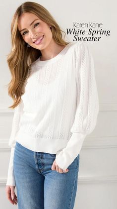 The perfect addition to your spring wardrobe. Our white pointelle sweater is lightweight and features blouson sleeves for a graceful, yet comfortable look. From outdoor picnics to window shopping, this adorable sweater is sure to keep you feeling cozy while adding a touch of style to your day. Window Shopping, Outdoor Picnics, Spring Wardrobe, Lightweight Sweater