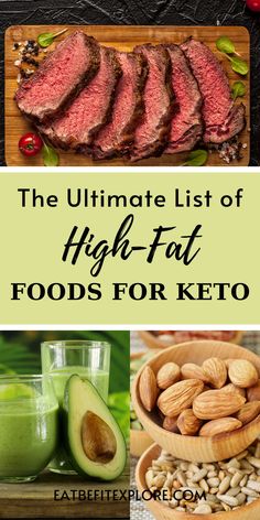 Graphic with photos of keto foods and the title "The Ultimate List of High-Fat Foods for Keto Diet." High Fat Keto Foods, Breakfast Recipes Keto, High Fat Low Carb Recipes, Low Carb High Fat Diet, Keto Success, Desserts Keto, Starting Keto Diet, Keto Breakfast Recipes