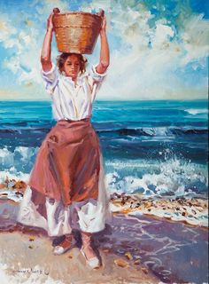 a painting of a woman carrying a basket on her head while standing on the beach