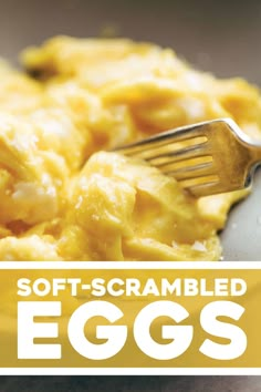 the cover of soft - scrambled eggs with a fork in it