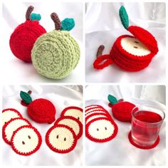 crocheted apples and apple coasters are shown in four different pictures, each with an apple