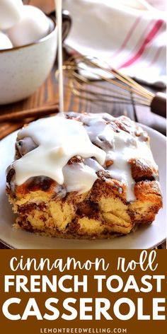 cinnamon roll french toast casserole on a white plate with a red border around it