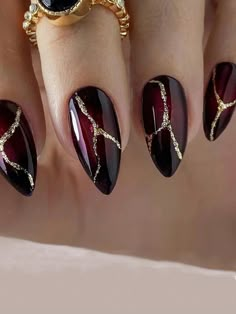 Reddish Black Nails, Black Red And Gold Nails, Black Nails With Gold Design, Black And Maroon Nails, Black And Gold Outfit Ideas, Black And Burgundy Nails, Sharp Nails Design, Red Black And Gold Nails, Burgundy And Black Nails