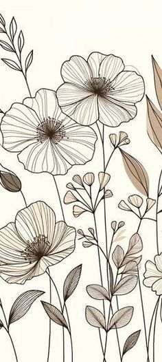 an ink drawing of some flowers on a white background with black and grey lines in the middle