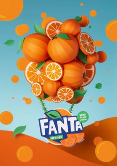 oranges are stacked on top of each other with the word fanta over them