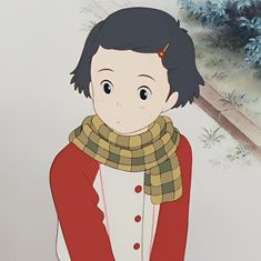 an animated image of a boy wearing a red coat and scarf with a tree in the background