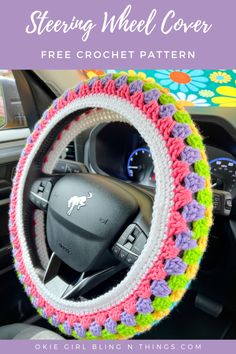 the steering wheel cover is crocheted with colorful yarn