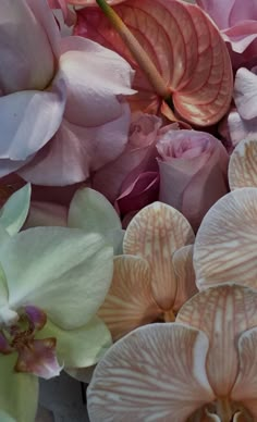 pink and white flowers are arranged together