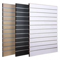 three different types of sliding doors with wooden slats on the sides and white, black, and beige panels