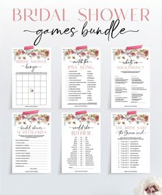 the bridal shower game bundle is shown with flowers and greenery on it's side