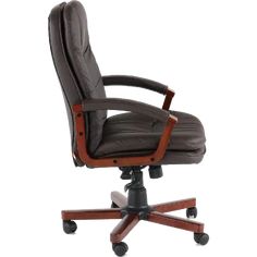 a brown leather office chair with wooden arms