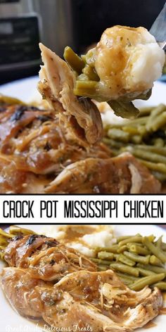 A double photo collage of Mississippi chicken covered in gravy on a fork and a serving on a plate. Chicken Pepperoncini, Crock Pot Mississippi Chicken, Mississippi Chicken, Pepperoncini Peppers, Mississippi Pot Roast, Chicken Crockpot, Minced Meat