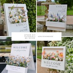 wedding welcome signs with flowers on them for guests to come and get married at the same time