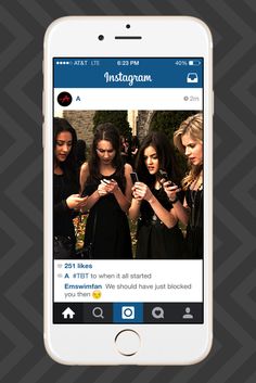 the instagram app on an iphone shows girls looking at their phones and texting