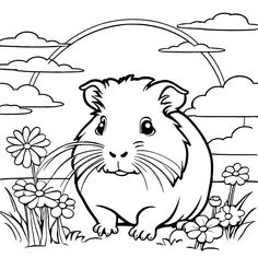 a cute hamster in the grass with flowers and clouds behind it, coloring page