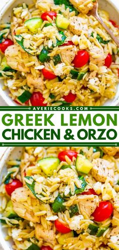 chicken and rice salad in a white bowl with the title above it that reads chicken recipes lemon