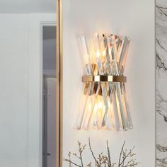 a wall light that is on the side of a wall next to a vase with flowers in it