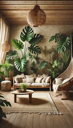 a living room filled with lots of plants and furniture