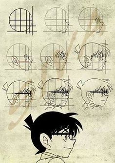 an anime character's face with different angles and lines on the forehead, head, and shoulders