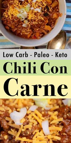 low carb paleo keto chili con carne in a bowl with cheese on top