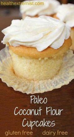 coconut flour cupcakes with white frosting on top and text overlay that reads,