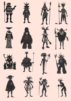 various silhouettes of people dressed in costumes