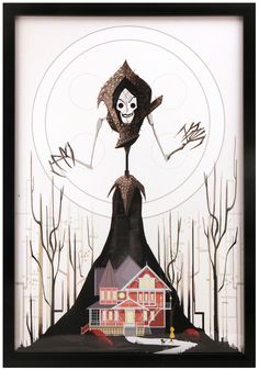 a drawing of a house with a skeleton on it's head and hands in the air