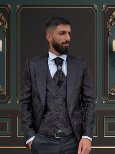 4 Piece Mens Slim Fit Black Floral Tuxedo Peak Lapel | Weddings and special Occasions Tuxedo Superior Quality Package includes  Jacket, Vest, Pants, Tuxedo Tie, Tuxedo Shirt, brooch flower.  Shipped in large box to preserve the shape  Top quality guaranteed Luxury Black Suit For Ceremony, Elegant Tuxedo For Gala, Fitted Brocade Suits For Weddings, Black Fitted Sets For Ceremony, Luxury Black Sets For Ceremony, Luxury Black Sets For Ceremonies, Luxury Black Ceremony Set, Black Tuxedo Three-piece Suit For Ceremony, Black Tuxedo For Ceremonies