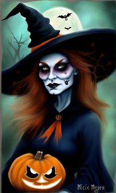 a painting of a woman dressed as a witch holding a pumpkin