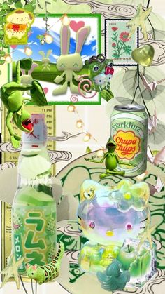 a collage of various items including an animal, frog and other things in the background