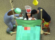 three people standing around an animated hospital bed