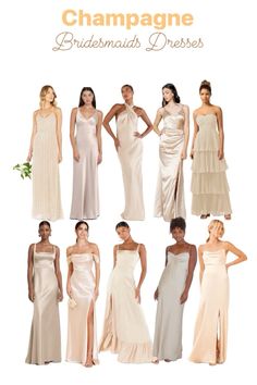 the bridesmaids in champagne gowns are all wearing different styles and colors, including one