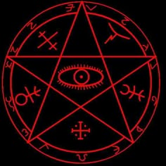 a red pentagram with an all seeing eye on it's center, surrounded by other symbols