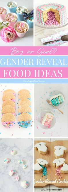 several different pictures with the words gender reveal food ideas on them, including cookies and marshmallows