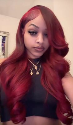 38 Inch Wig, Red Hair And Outfits, Red Hair Black Women Outfit, Brides Made Hairstyles, Burgundy Ponytail Weave, Cherry Red Lace Front Wig, Colored Wigs Light Skin, Red Wig For Black Women Side Part, Red Swoop Wig