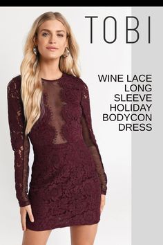 Look gorgeous in this wine lace long sleeve holiday bodycon dress. Can you imagine getting dress up cocktail party gowns for Christmas and New Year's Eve outfits on sale? Now's your chance to save. Why pay more when you can get sparkly winter festivity clothing and beautiful formal attire for ladies at affordable prices from TOBI. #shoptobi #holidaydresses #bodycondresses Sheer Long Sleeve Lace Dress For Night Out, Long Sleeve Scalloped Lace Dress For Party, Long Sleeve Lace Trim Bodycon Party Dress, Long Sleeve Bodycon Lace Dress For Party, Bodycon Long Sleeve Lace Dress For Party, Sheer Long Sleeve Lace Dress For Date Night, Long Sleeve Sheer Lace Dress For Date Night, Party Lace Bodycon Dress With Lace Sleeves, Long Sleeve Dress With Scalloped Lace For Night Out