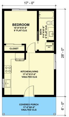 a floor plan for a small house with a pool in the middle and an attached bedroom