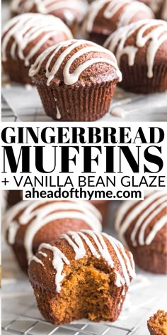 a close up of a muffin on a cooling rack with the words, gingerbread muffins vanilla bean glaze