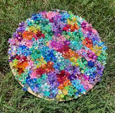 a round plate covered in multicolored buttons sitting on the grass with green grass behind it