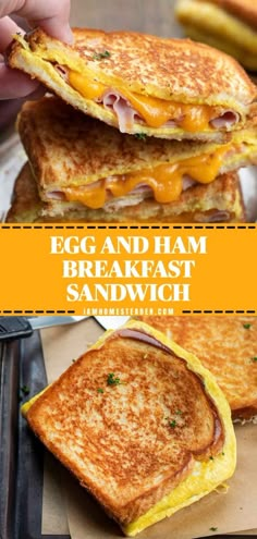 an egg and ham breakfast sandwich is shown with the words, egg and ham breakfast sandwich