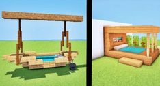 two different views of a bed and pool in minecraft