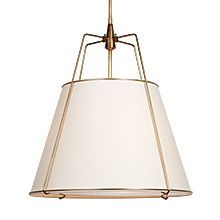 a light fixture with a white shade hanging from it's center point on a white background