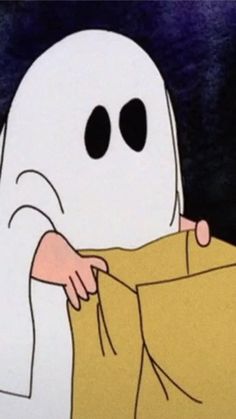 a cartoon ghost holding a bag with two eyes on it's face and wearing a yellow shirt