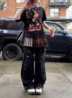 Alternative Korean Fashion, Alternative Street Fashion, Alt J Fashion, Skirt On Jeans, Plaid Punk Outfit, Skirt And Pants Combo Y2k, Maximalist Grunge Outfits, Alt Layered Outfits, Male Manipulator Outfits Women