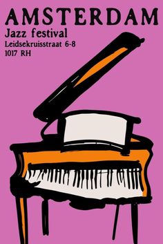 an advertisement for the amsterdam jazz festival with a grand piano in front of purple background