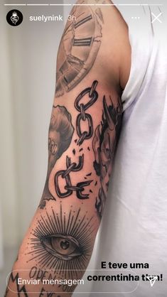 a man's arm with an eye and chain tattoo on the side of his arm