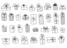 hand drawn gift boxes with ribbons and bows on them, all wrapped in black ink