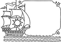 a pirate ship sailing in the ocean with stars on it's sails and an empty sign